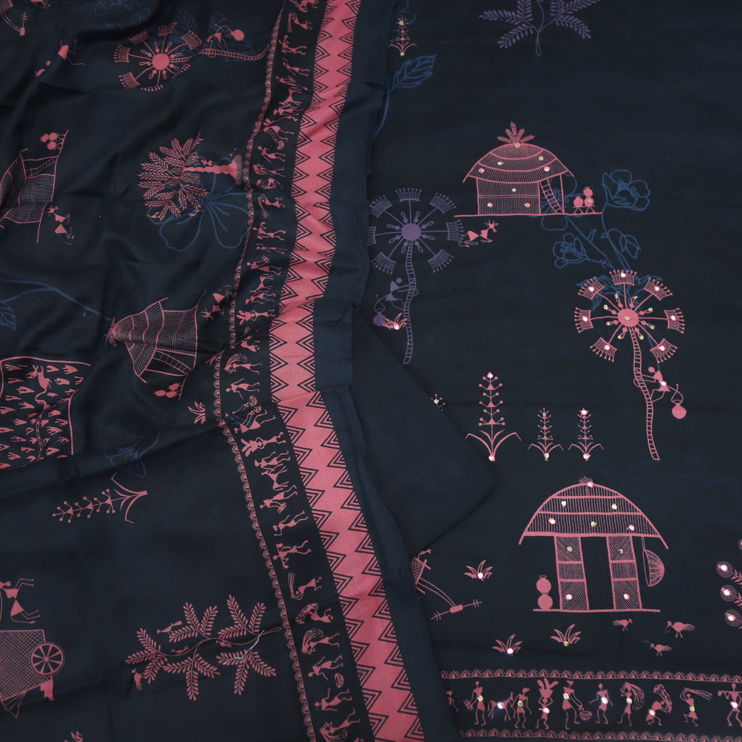 Lagan Coal Black African Print with Mirror Work Semi Pashmina Suit Set