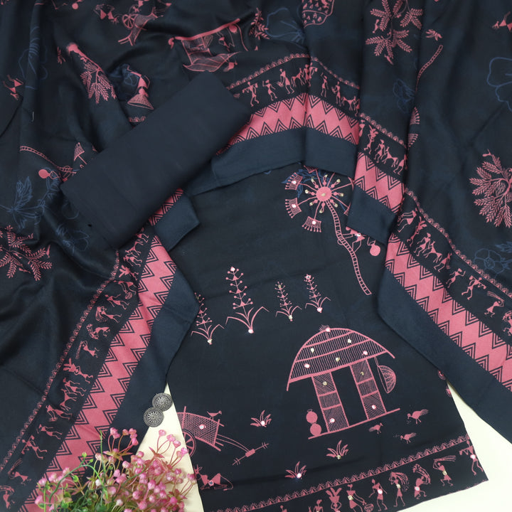 Lagan Coal Black African Print with Mirror Work Semi Pashmina Suit Set