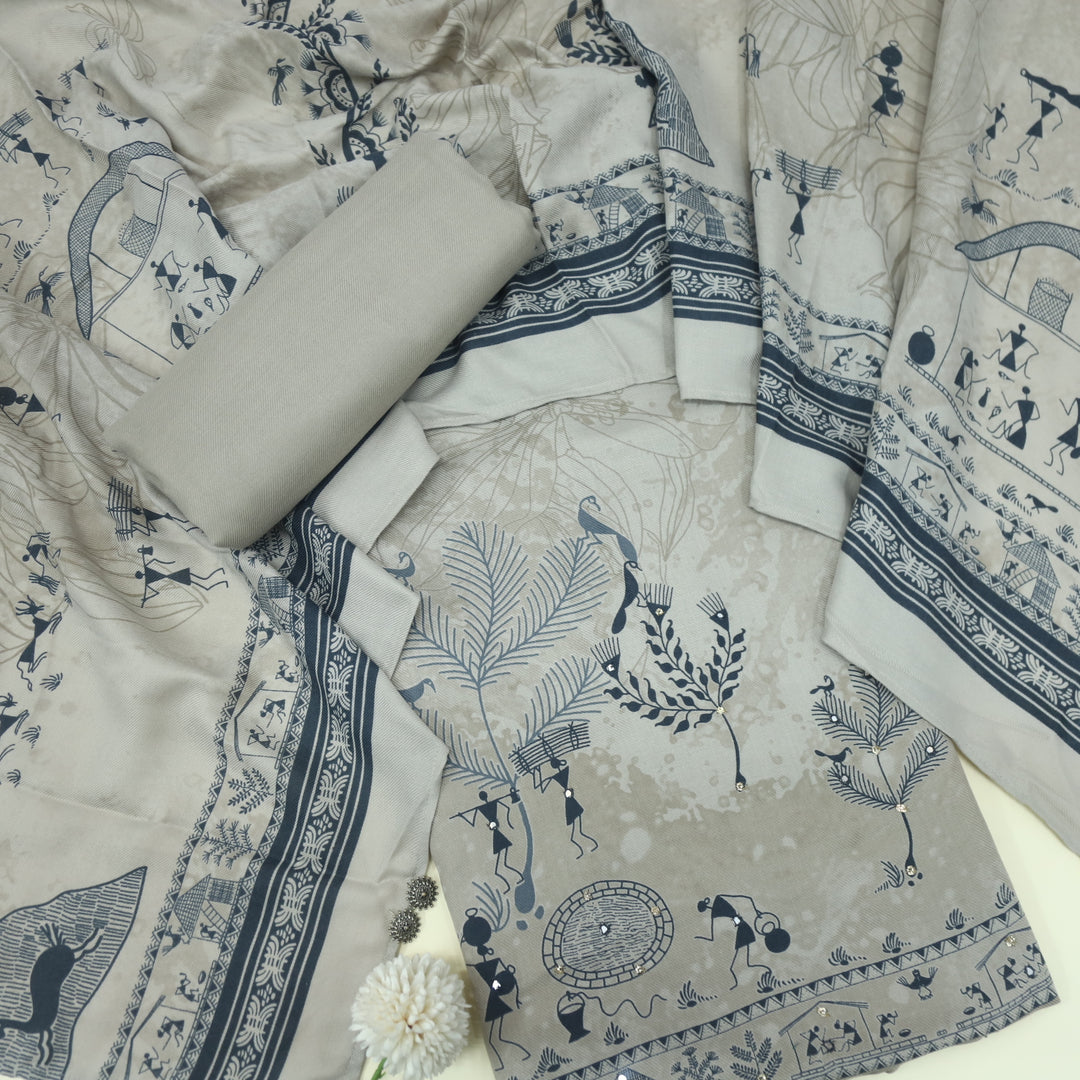 Lagan Slate Beige African Print with Mirror Work Semi Pashmina Suit Set