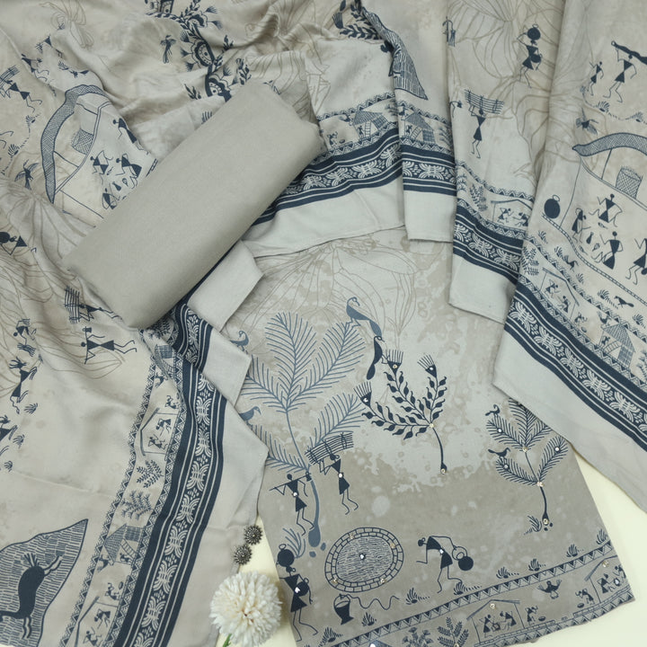 Lagan Slate Beige African Print with Mirror Work Semi Pashmina Suit Set