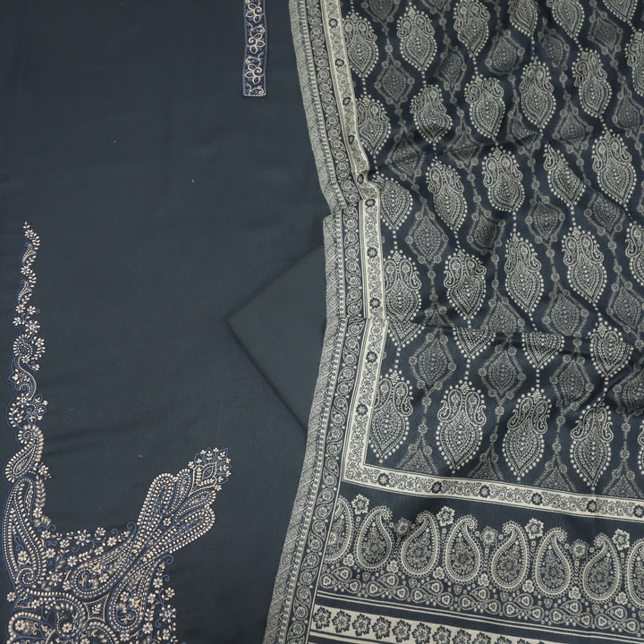 Falak Charcoal Grey Thread Embroidered Work Semi Pashmina Suit Set