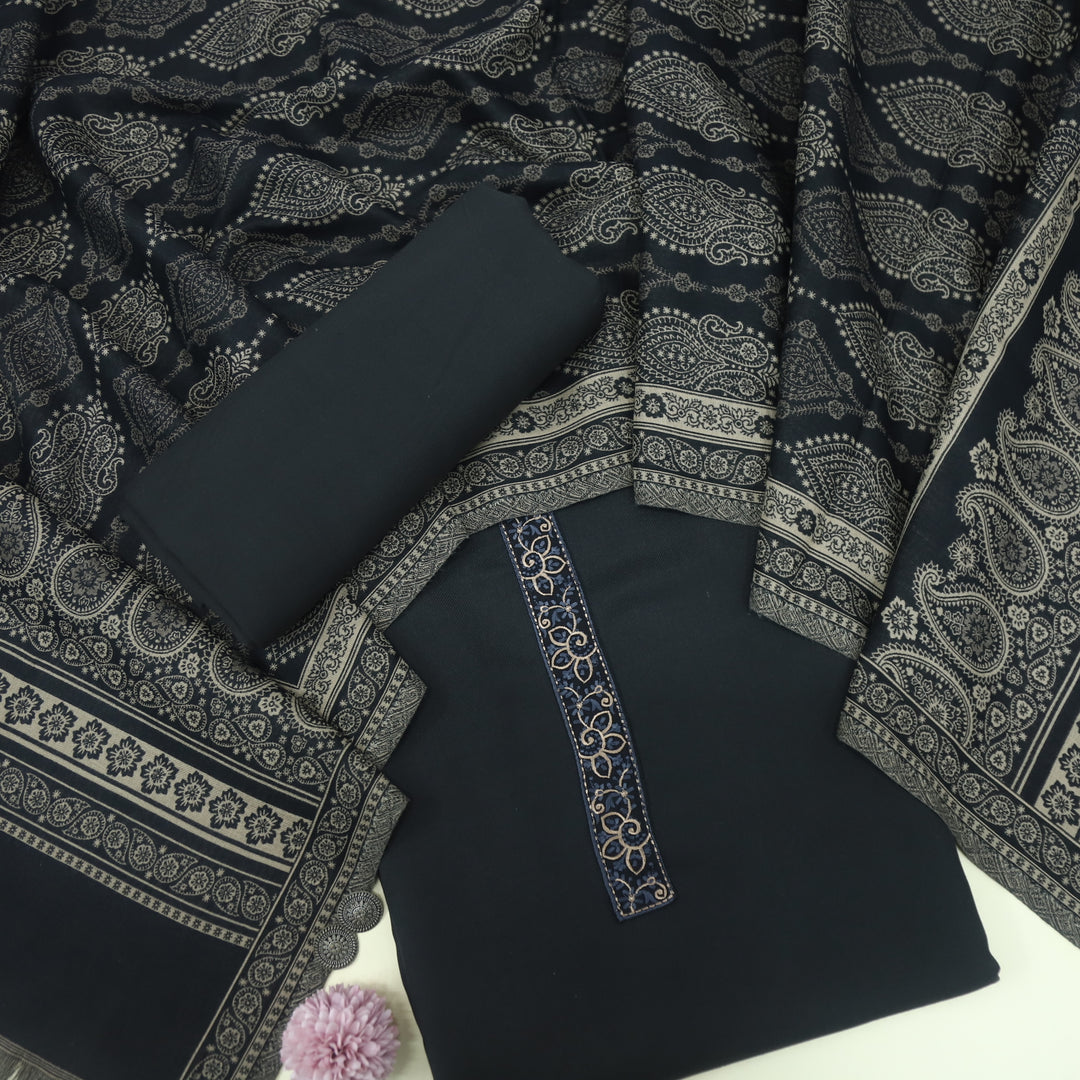 Falak Charcoal Grey Thread Embroidered Work Semi Pashmina Suit Set