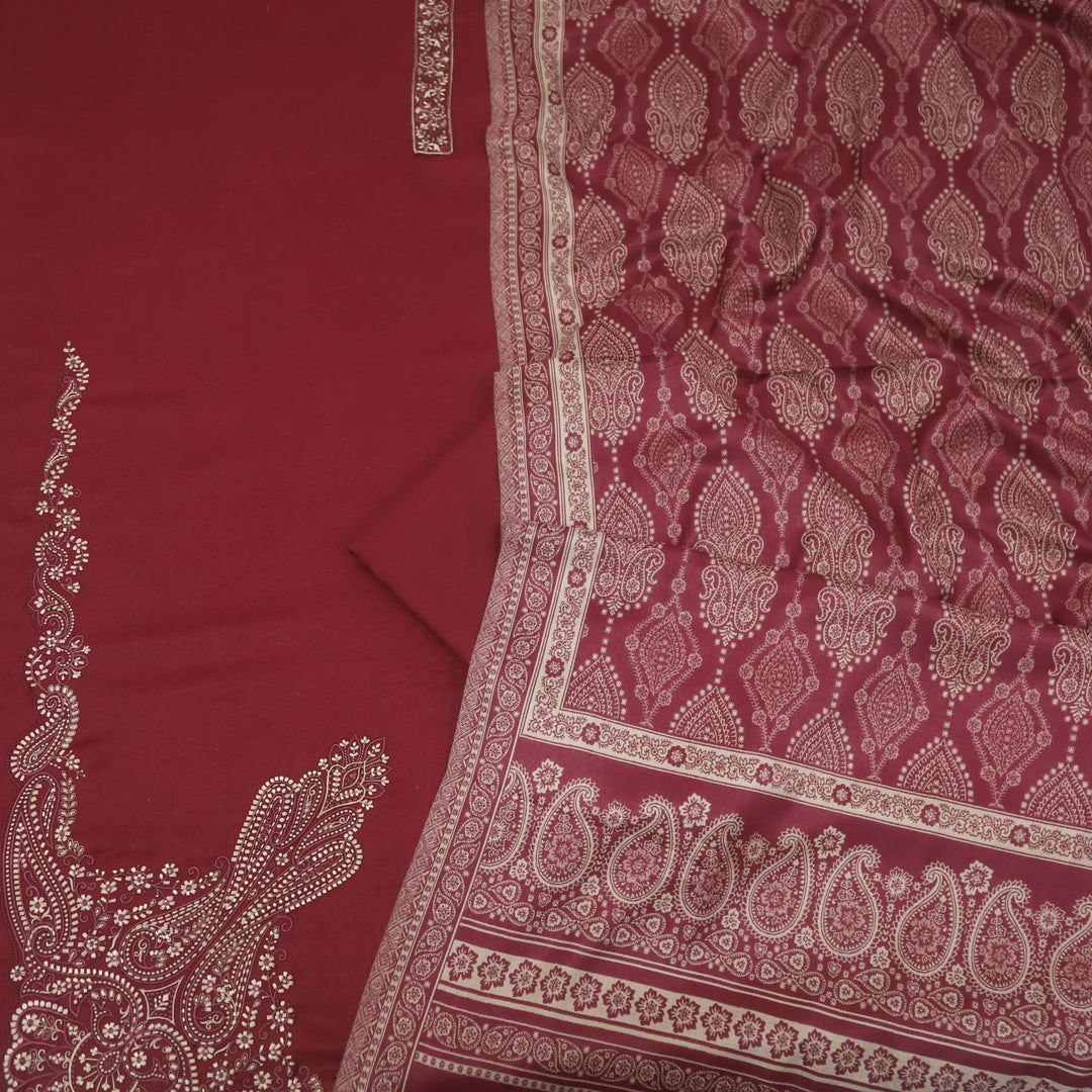 Falak Marron Red Thread Embroidered Work Semi Pashmina Suit Set
