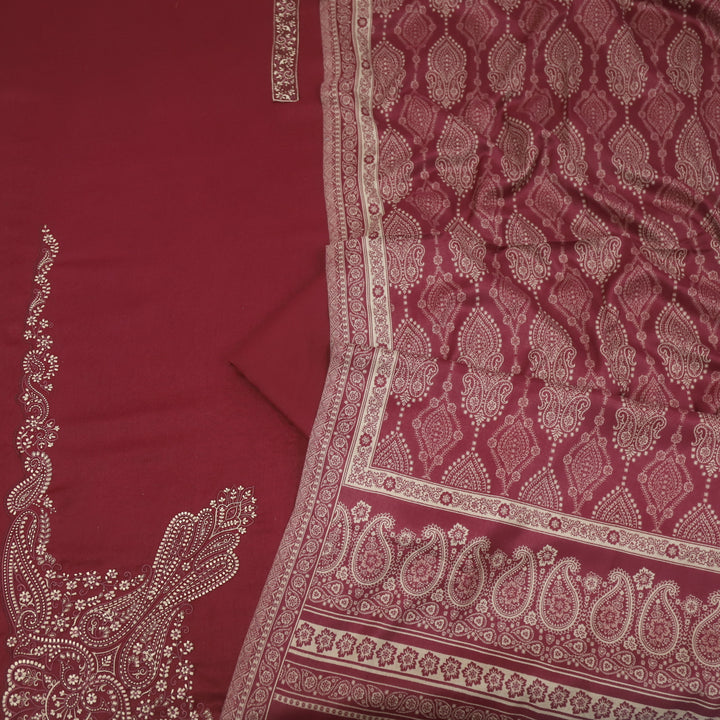Falak Marron Red Thread Embroidered Work Semi Pashmina Suit Set