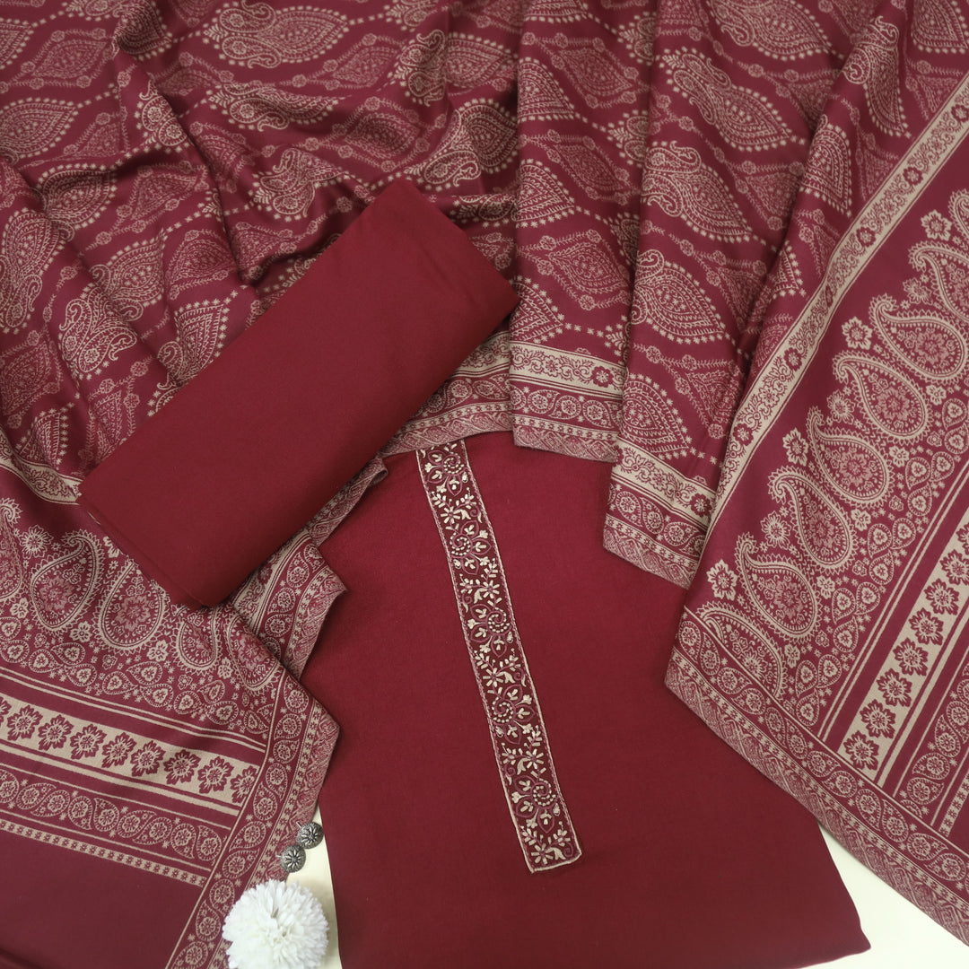 Falak Marron Red Thread Embroidered Work Semi Pashmina Suit Set