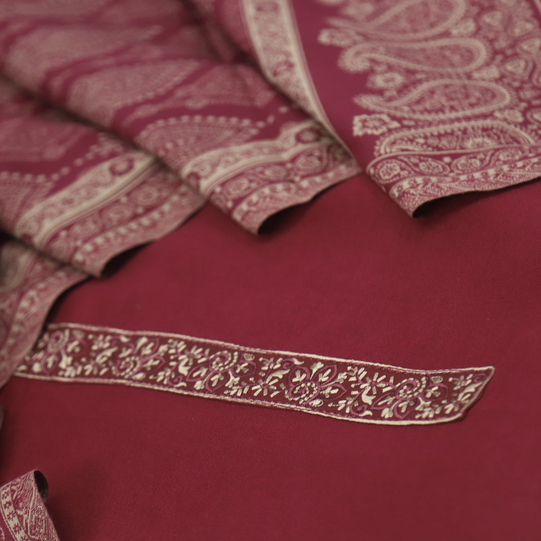 Falak Marron Red Thread Embroidered Work Semi Pashmina Suit Set
