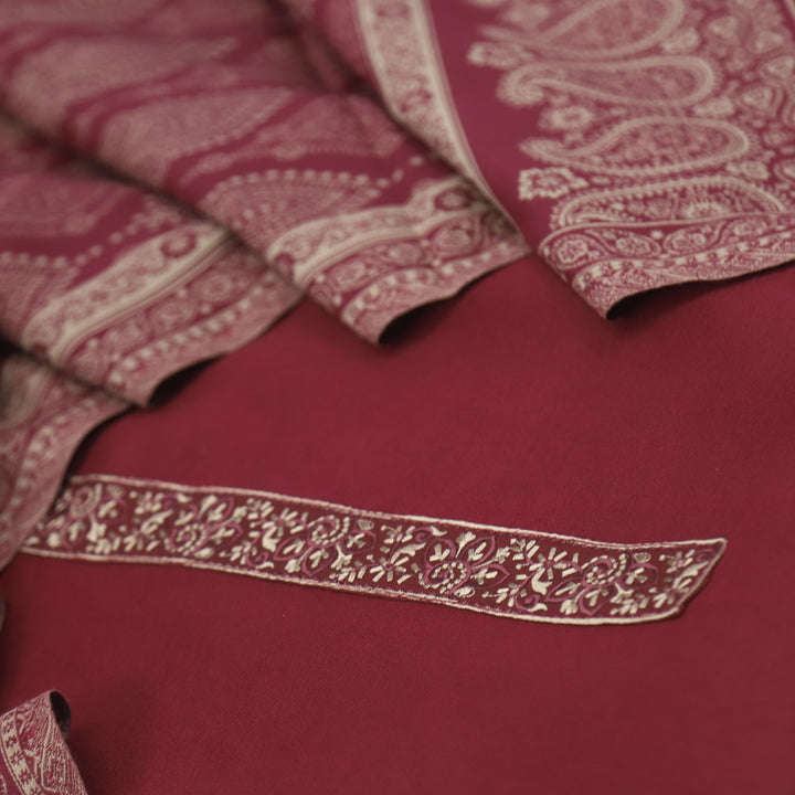 Falak Marron Red Thread Embroidered Work Semi Pashmina Suit Set