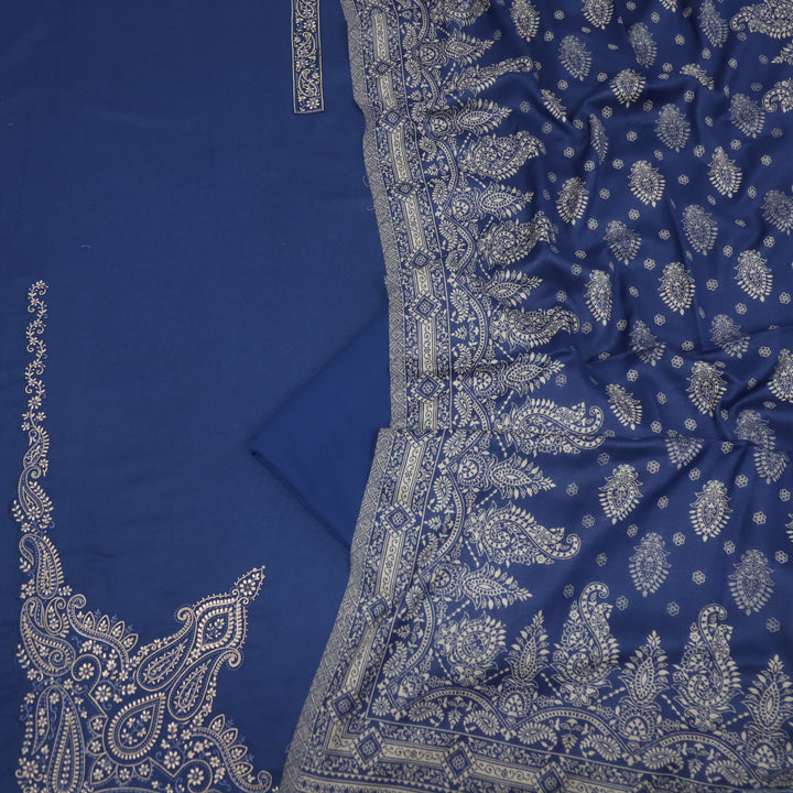 Falak Denim Blue Thread Embroidered Work Semi Pashmina Suit Set