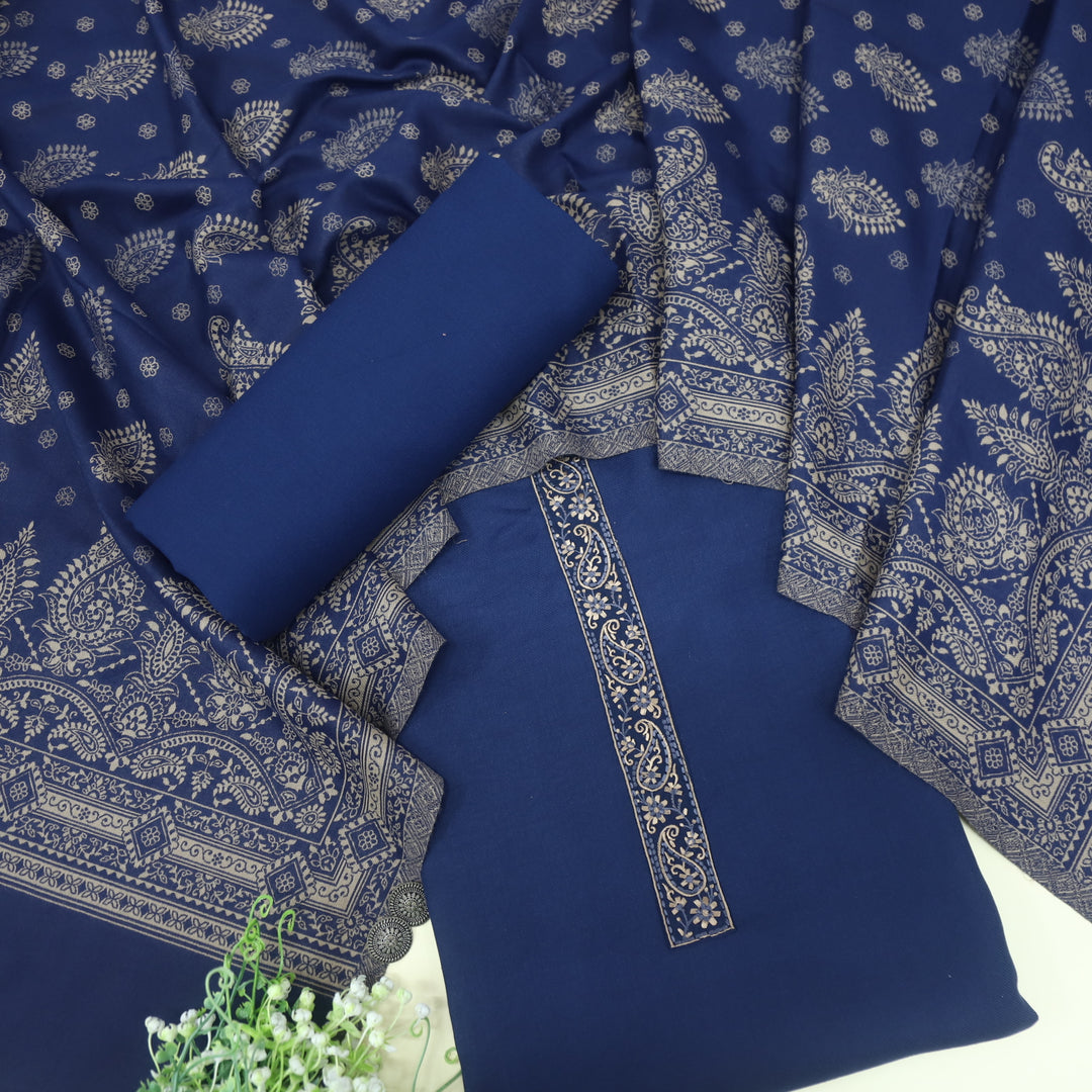 Falak Denim Blue Thread Embroidered Work Semi Pashmina Suit Set