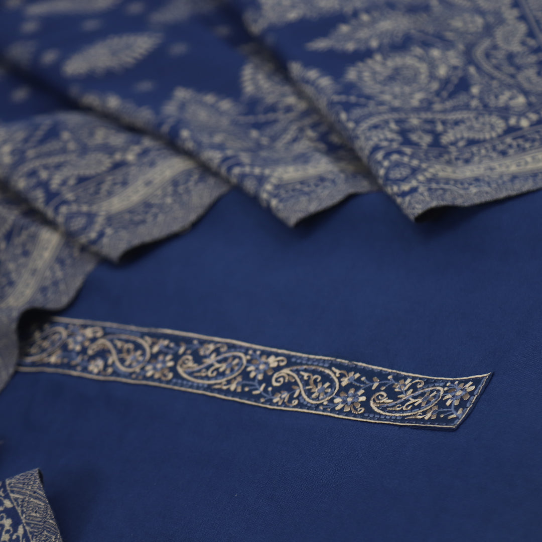 Falak Denim Blue Thread Embroidered Work Semi Pashmina Suit Set