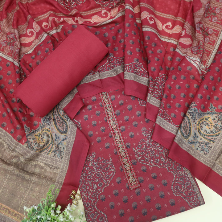 Hawayein Ruby Red Embroidered Neck Work Printed Semi Pashmina Suit Set