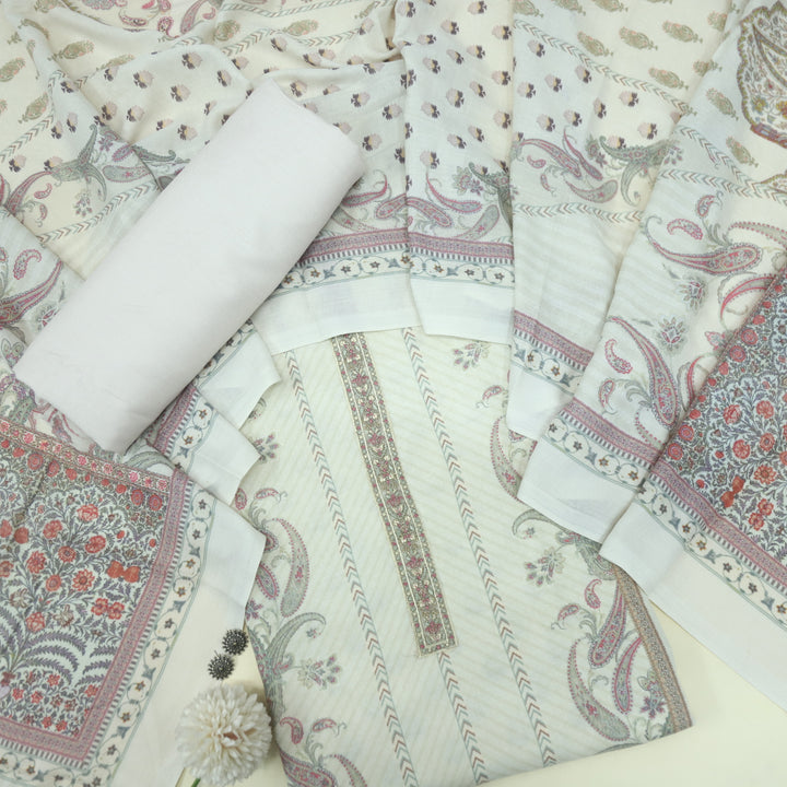 Hawayein Creamy White Embroidered Neck Work Printed Semi Pashmina Suit Set