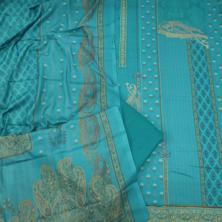 Hawayein Teal Blue Embroidered Neck Work Printed Semi Pashmina Suit Set