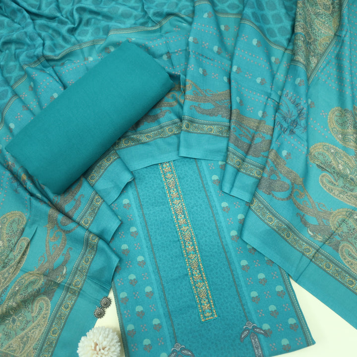 Hawayein Teal Blue Embroidered Neck Work Printed Semi Pashmina Suit Set