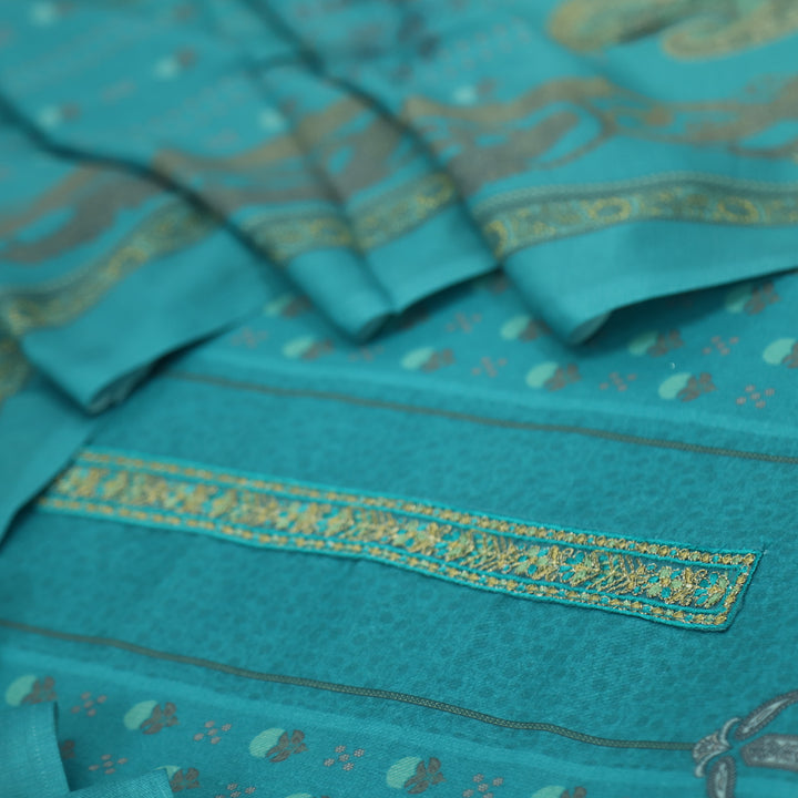 Hawayein Teal Blue Embroidered Neck Work Printed Semi Pashmina Suit Set