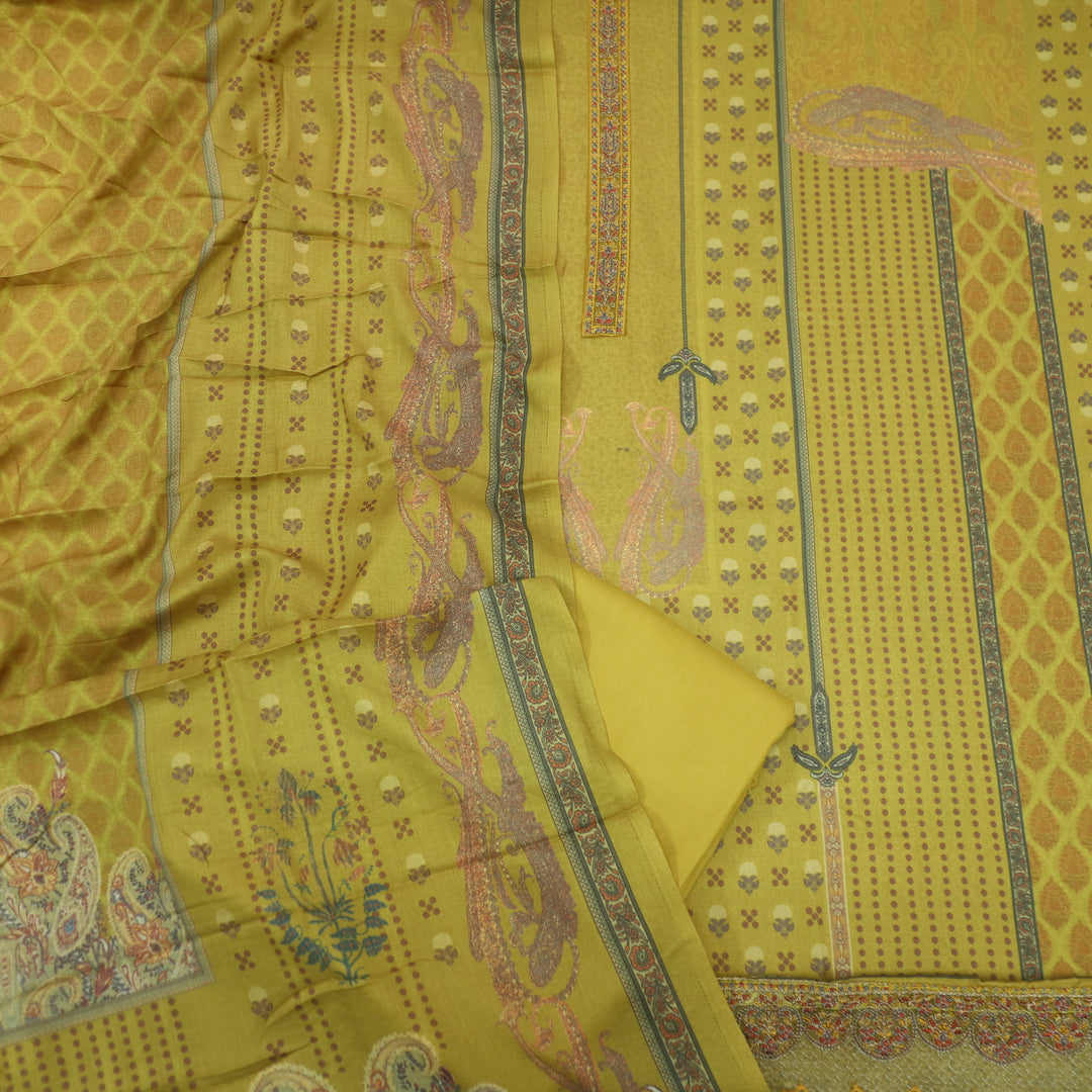 Hawayein Dandelion Yellow Embroidered Neck Work Printed Semi Pashmina Suit Set