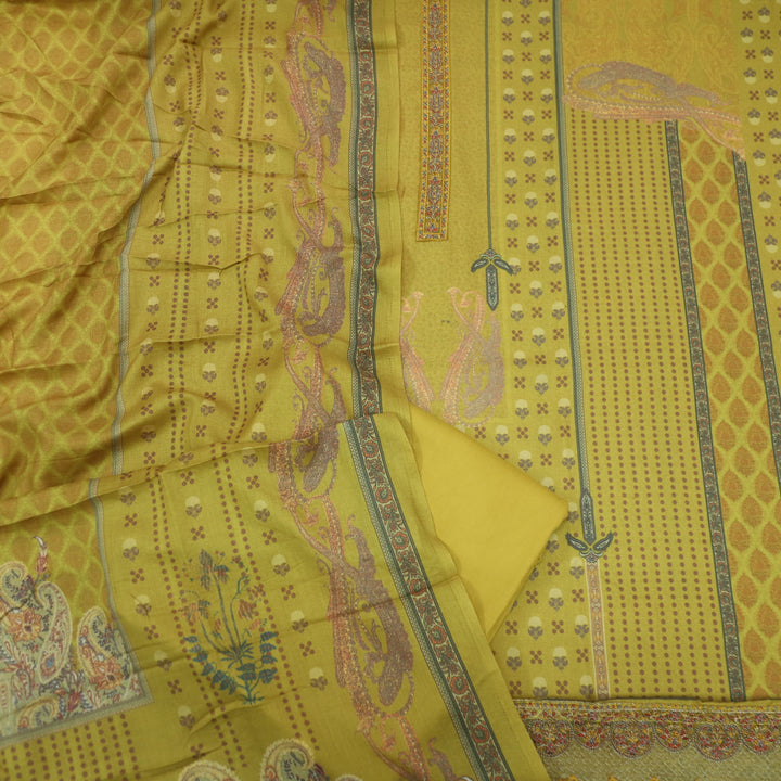 Hawayein Dandelion Yellow Embroidered Neck Work Printed Semi Pashmina Suit Set