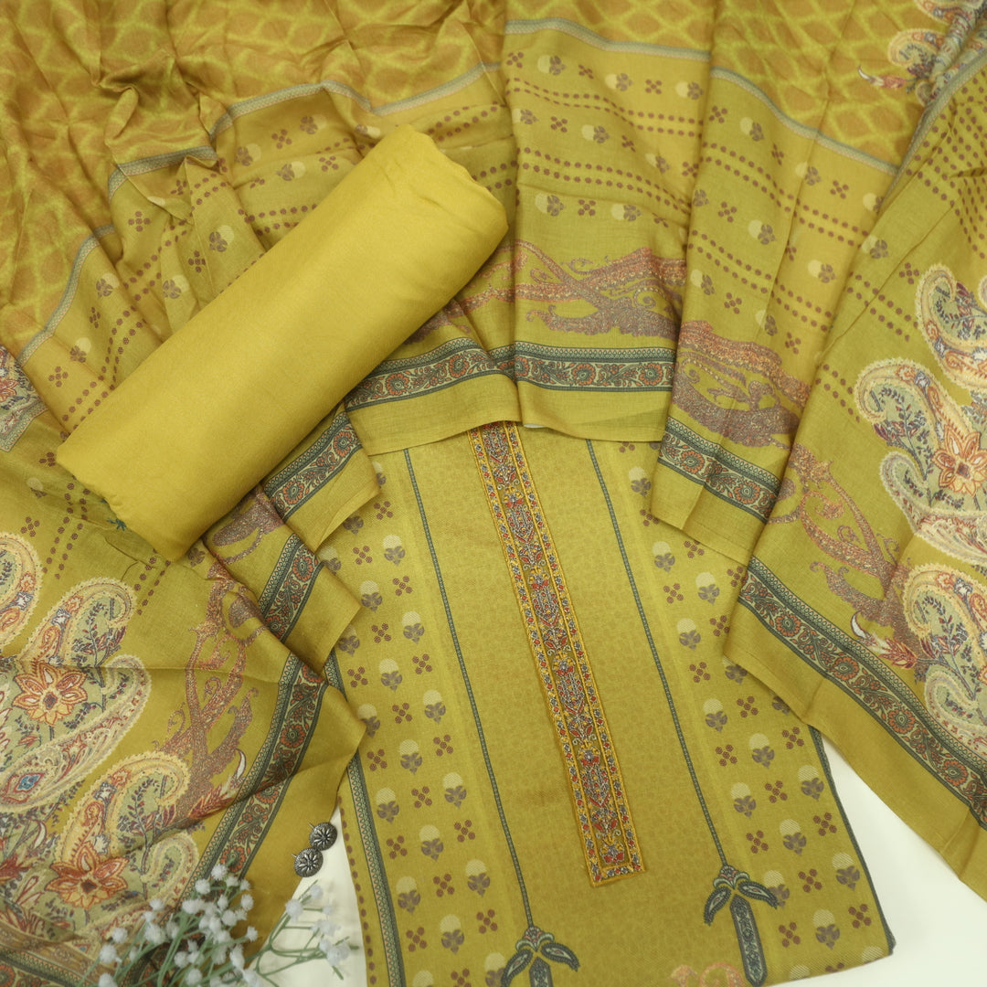 Hawayein Dandelion Yellow Embroidered Neck Work Printed Semi Pashmina Suit Set