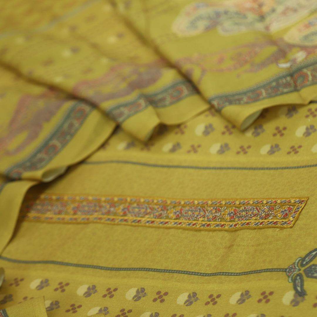 Hawayein Dandelion Yellow Embroidered Neck Work Printed Semi Pashmina Suit Set