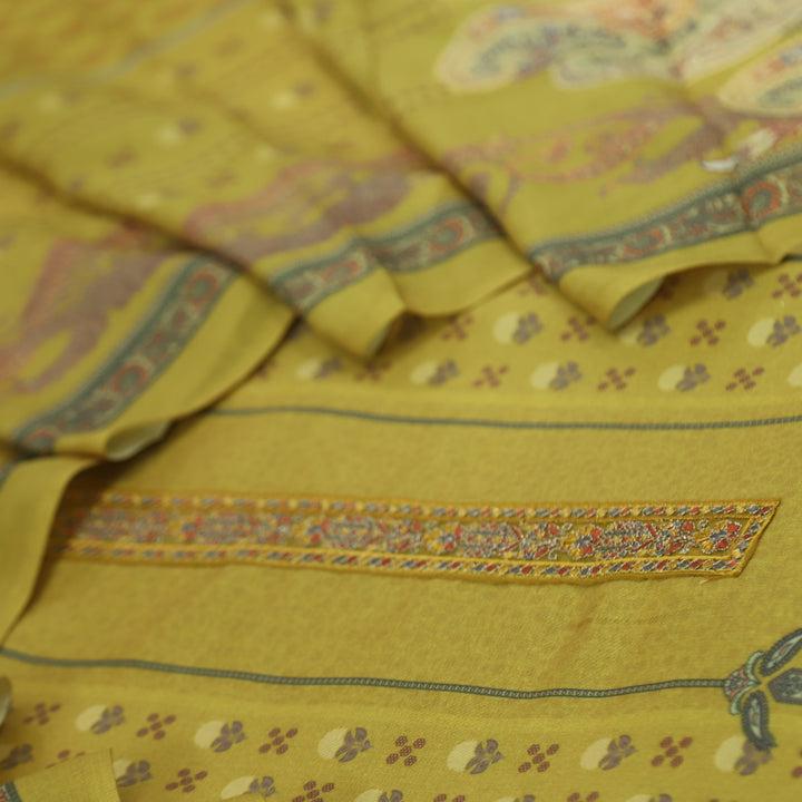 Hawayein Dandelion Yellow Embroidered Neck Work Printed Semi Pashmina Suit Set