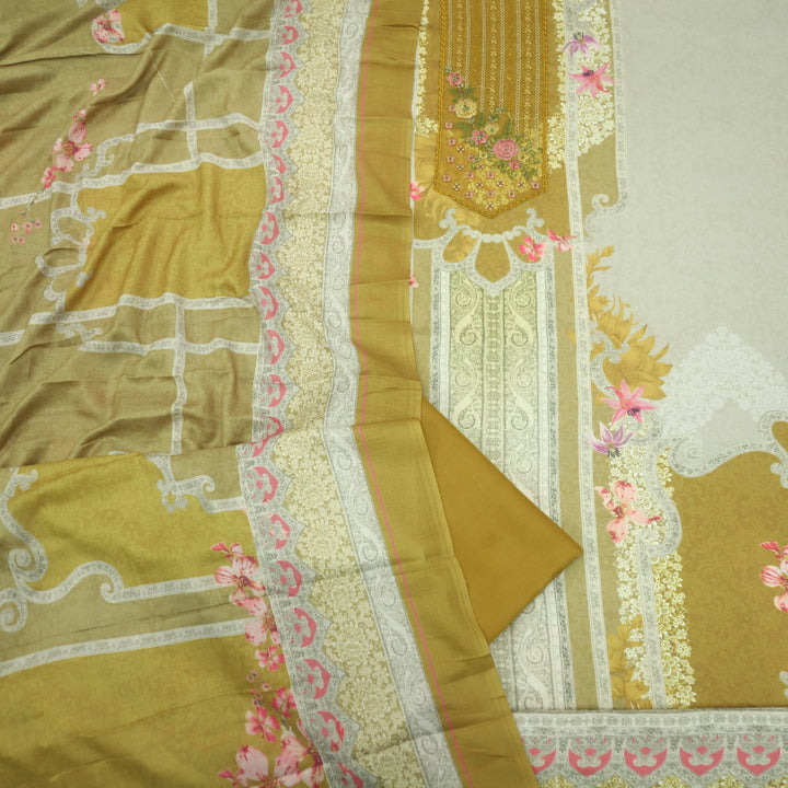 Hawayein Canary Yellow Embroidered Work Neck Printed Viscose Semi Pashmina Suit Set