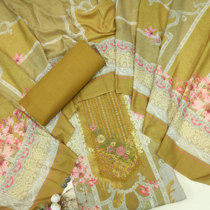Hawayein Canary Yellow Embroidered Work Neck Printed Viscose Semi Pashmina Suit Set