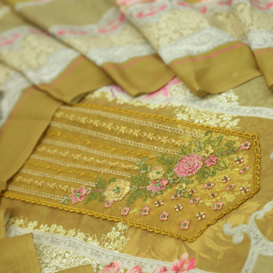 Hawayein Canary Yellow Embroidered Work Neck Printed Viscose Semi Pashmina Suit Set