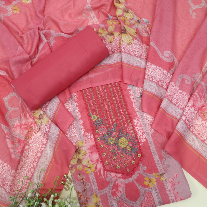 Hawayein Flamingo Pink Embroidered Work Neck Printed Viscose Semi Pashmina Suit Set