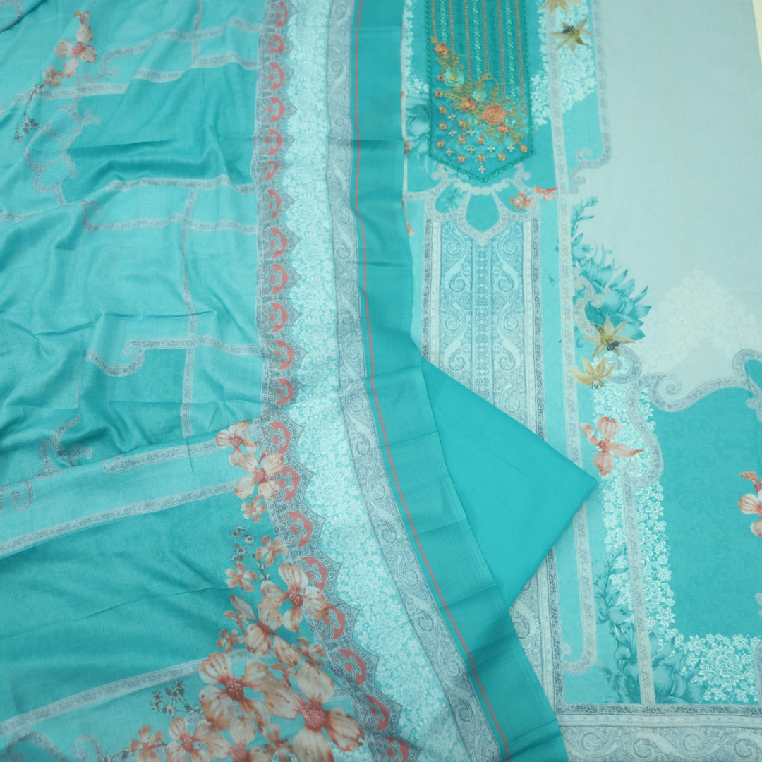 Hawayein Light Aqua Blue Embroidered Work Neck Printed Viscose Semi Pashmina Suit Set