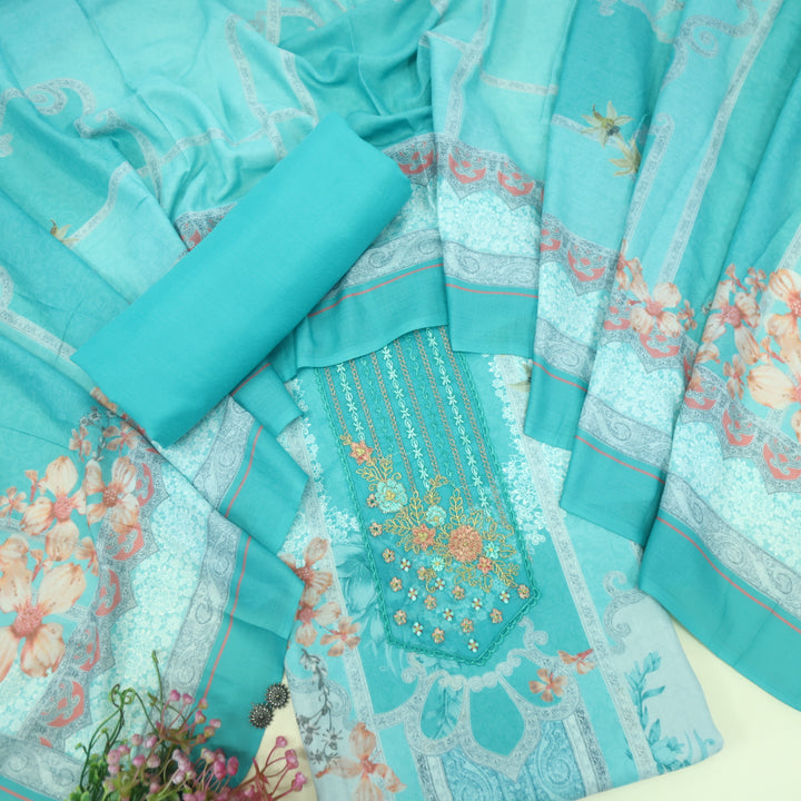Hawayein Light Aqua Blue Embroidered Work Neck Printed Viscose Semi Pashmina Suit Set
