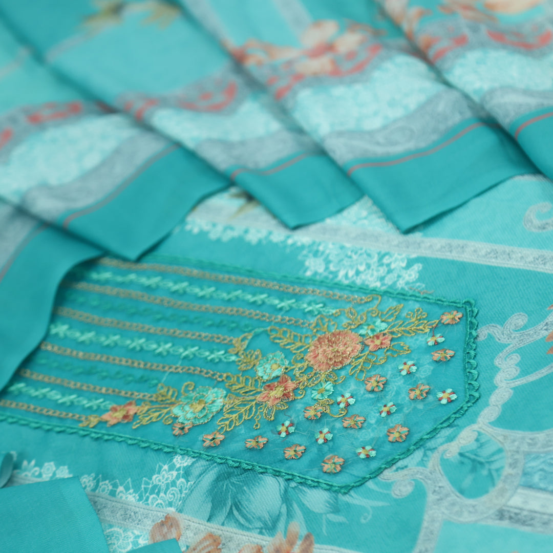 Hawayein Light Aqua Blue Embroidered Work Neck Printed Viscose Semi Pashmina Suit Set