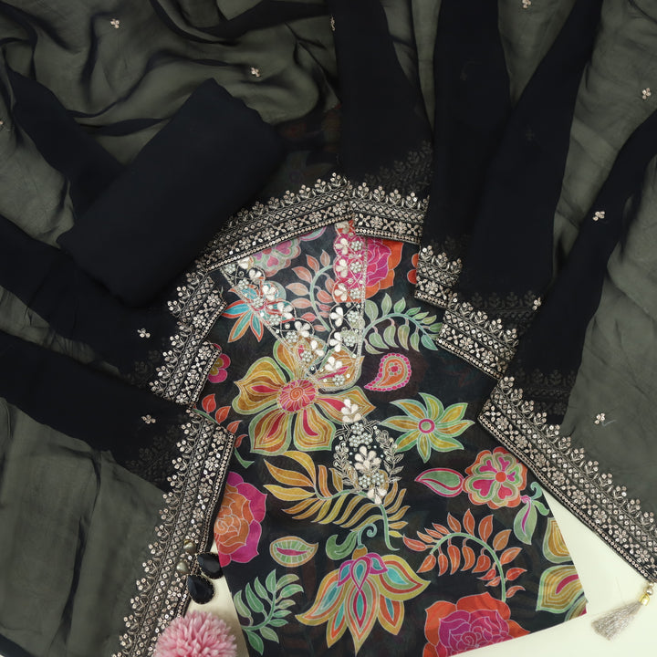 Sufiya Oil Black V Neck Moti Work with Zari Floral Printed Organza Suit Set