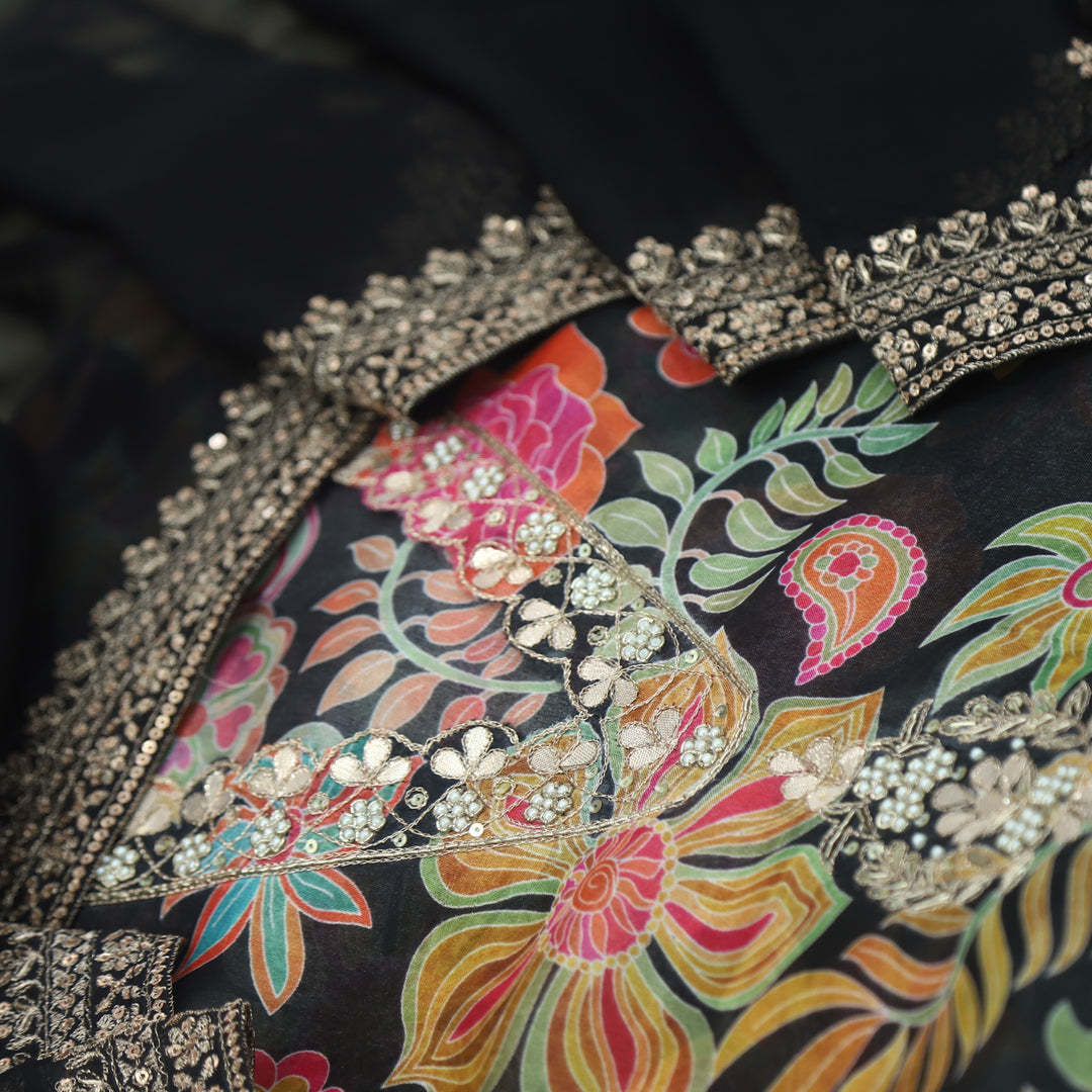 Sufiya Oil Black V Neck Moti Work with Zari Floral Printed Organza Suit Set