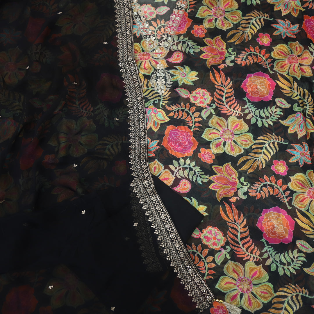 Sufiya Oil Black V Neck Moti Work with Zari Floral Printed Organza Suit Set