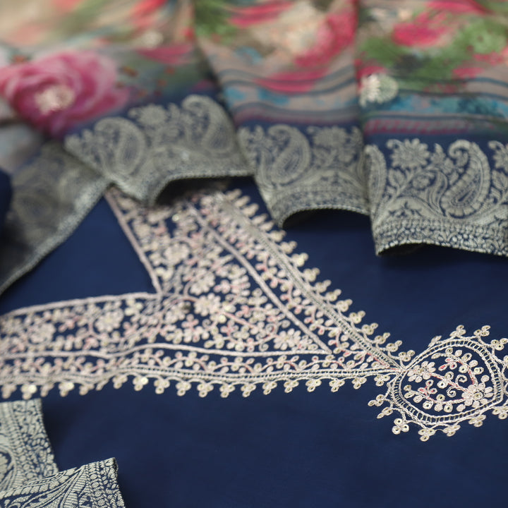 Sufiya Space Blue V Neck Zari Work Embroidery Dola Silk Suit Set