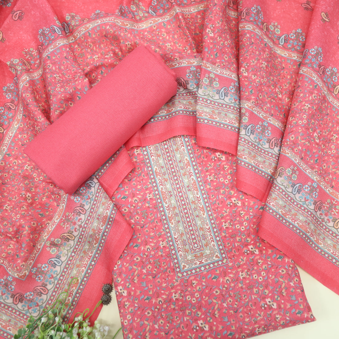 Ruhaan Flamingo PInk Floral Kanni Printed Semi Pashmina Suit Set