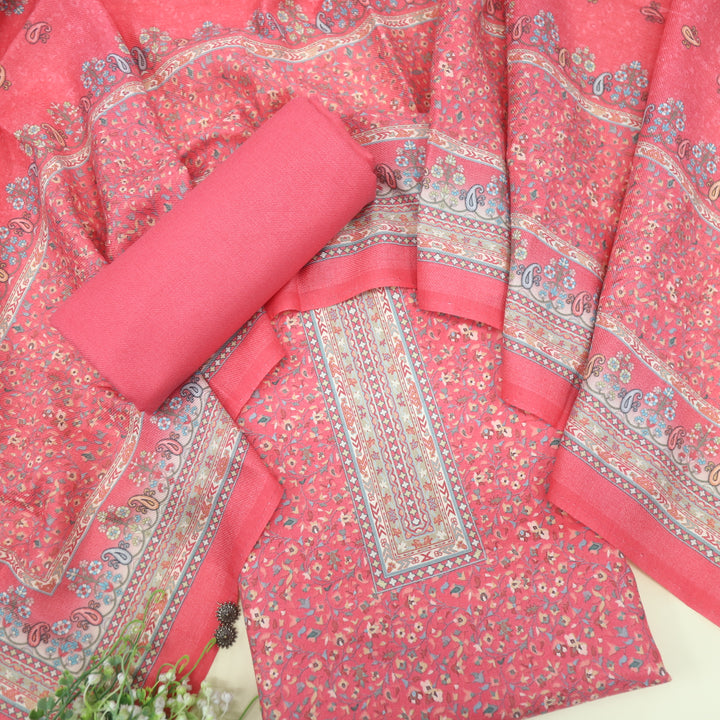 Ruhaan Flamingo PInk Floral Kanni Printed Semi Pashmina Suit Set