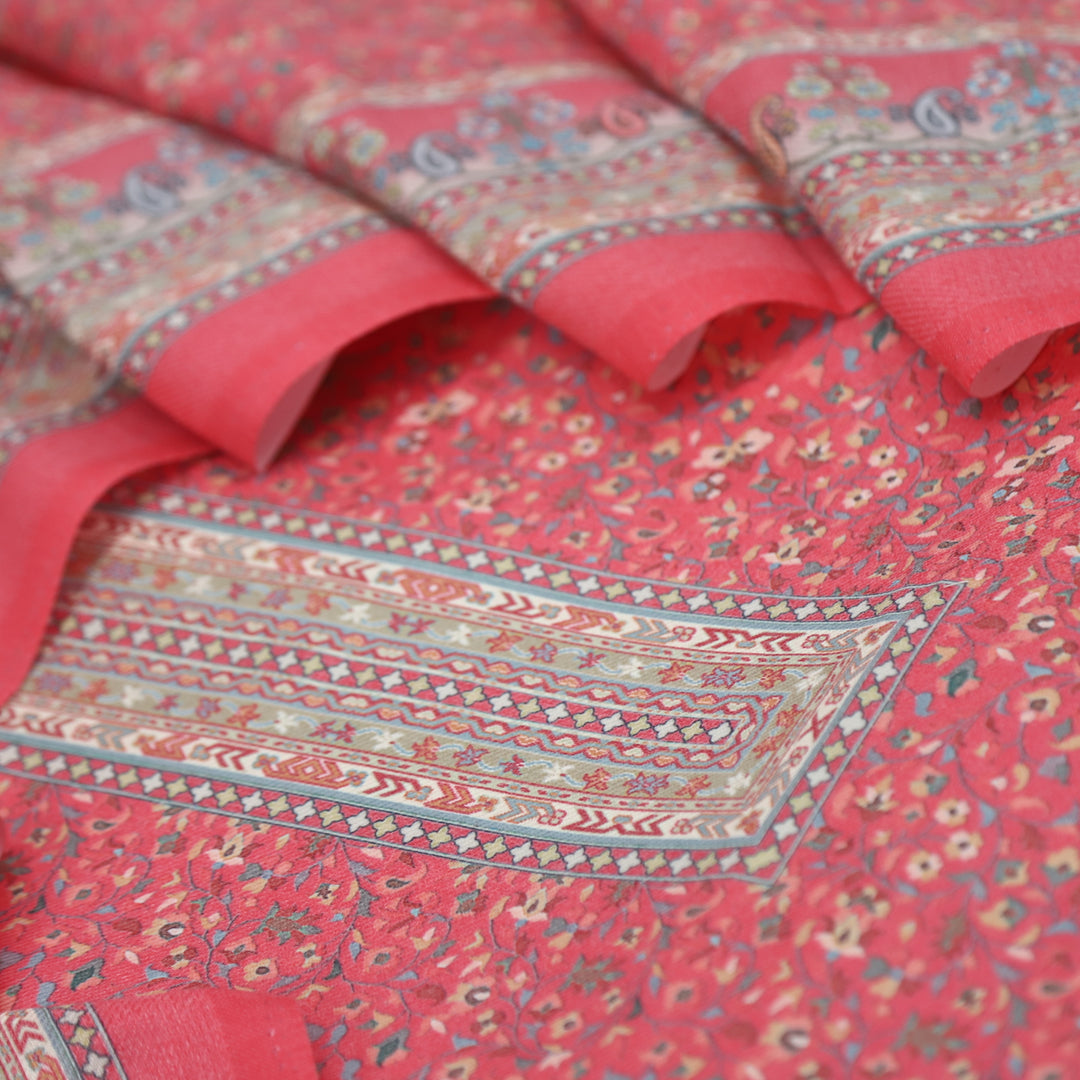 Ruhaan Flamingo PInk Floral Kanni Printed Semi Pashmina Suit Set