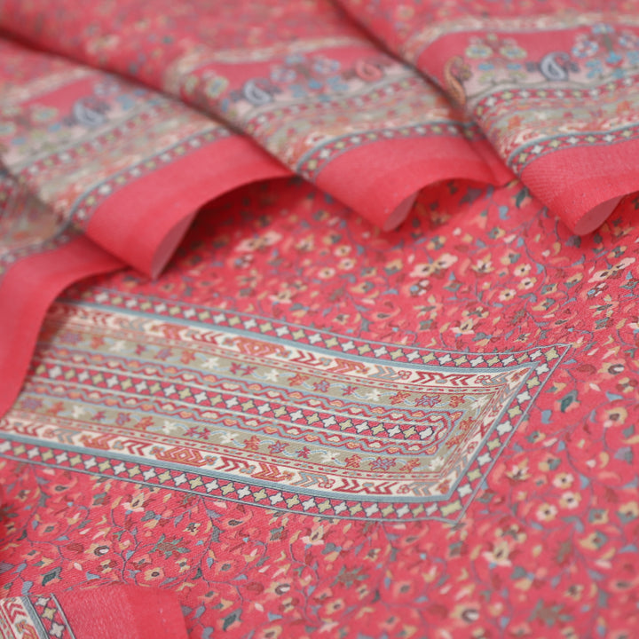 Ruhaan Flamingo PInk Floral Kanni Printed Semi Pashmina Suit Set