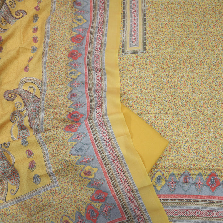 Ruhaan Sunflower Yellow Floral Kanni Printed Semi Pashmina Suit Set