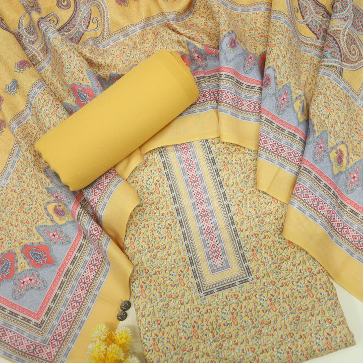 Ruhaan Sunflower Yellow Floral Kanni Printed Semi Pashmina Suit Set