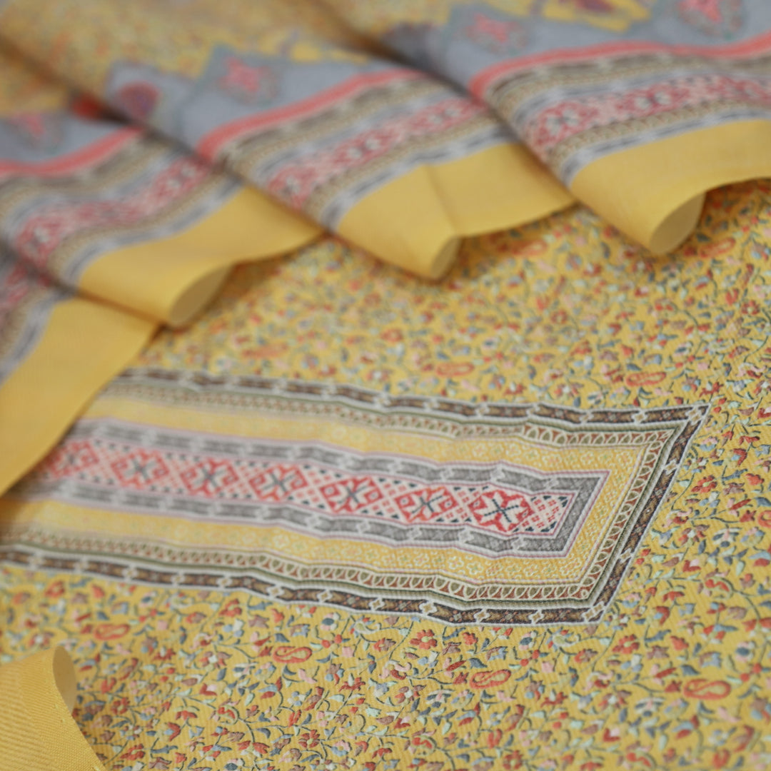 Ruhaan Sunflower Yellow Floral Kanni Printed Semi Pashmina Suit Set