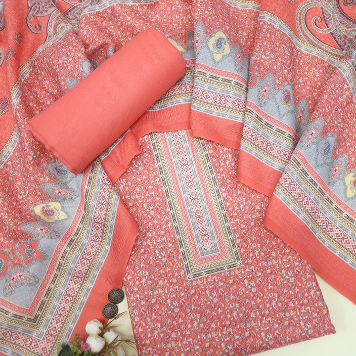 Ruhaan Coral Orange Floral Kanni Printed Semi Pashmina Suit Set