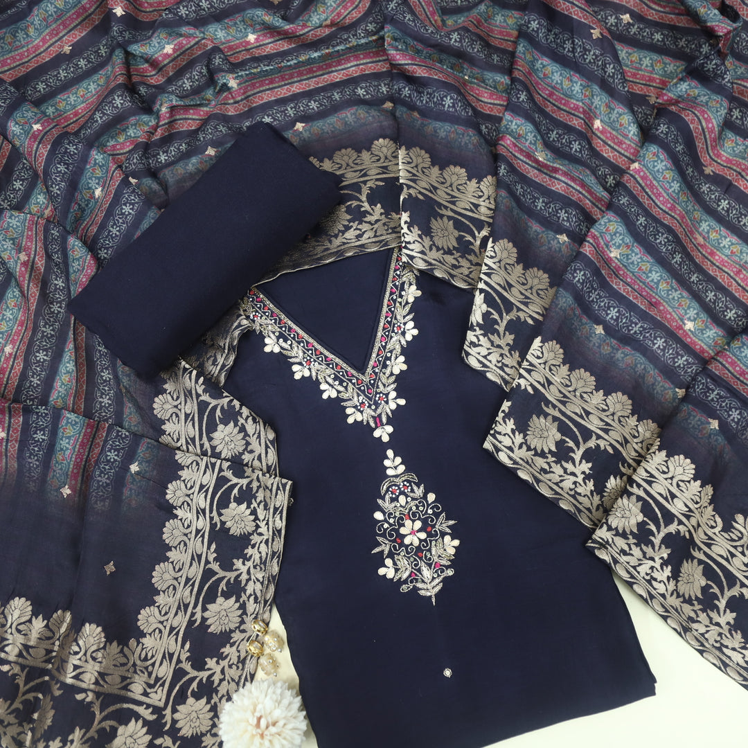 Sufiya Shadow Black V Neck Moti Work with Kardana Dola Silk Suit Set