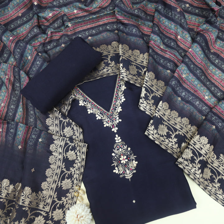 Sufiya Shadow Black V Neck Moti Work with Kardana Dola Silk Suit Set