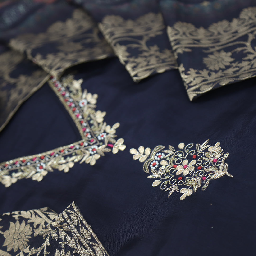Sufiya Shadow Black V Neck Moti Work with Kardana Dola Silk Suit Set