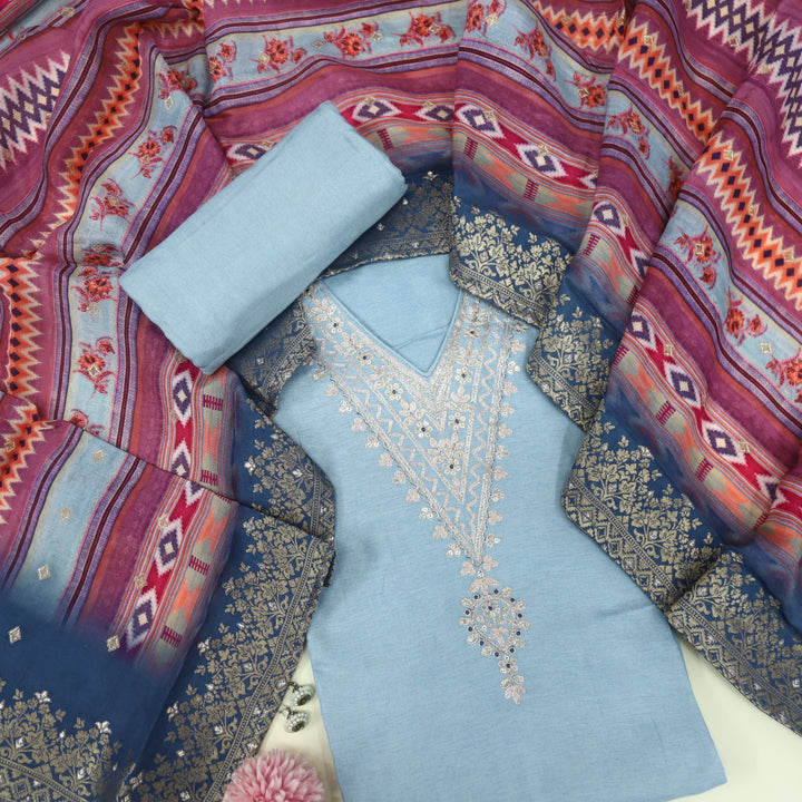 Sufiya Sky Blue V Neck Zari Work Embroidery Dola Silk Suit Set