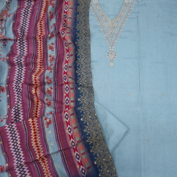 Sufiya Sky Blue V Neck Zari Work Embroidery Dola Silk Suit Set