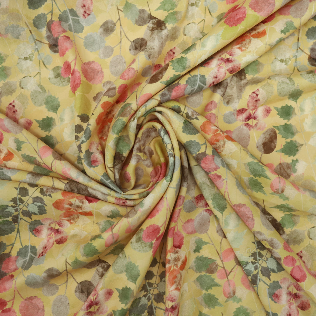 Makhmal Butter Yellow Floral Printed Premium Semi Pashmina Fabric-2.5 Mtr