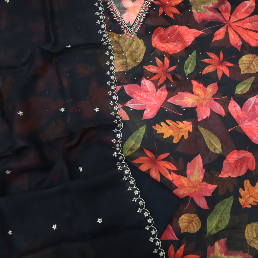 Sofiya Jade Black V Neck Floral Printed Organza Top with Organza Dupatta